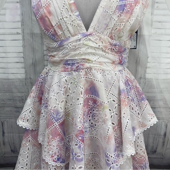 Gianni Bini White Purple Embroidered Plunge Deep V Neck Ruffle Tiered Dress NEW - Picture 4 of 12